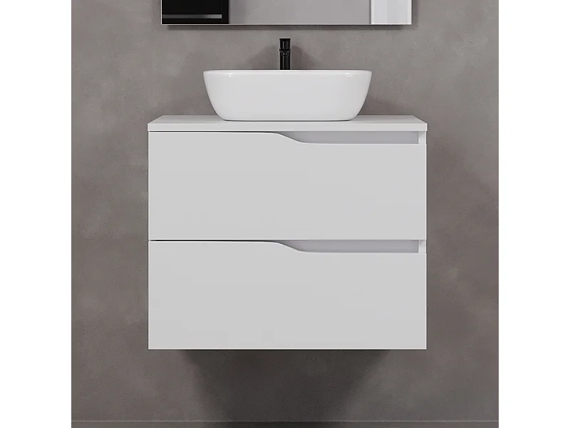 Meuble de salle de bain 70cm avec plateau et vasque à poser zeus - 2 tiroirs - sans miroir - blanc - LUNA