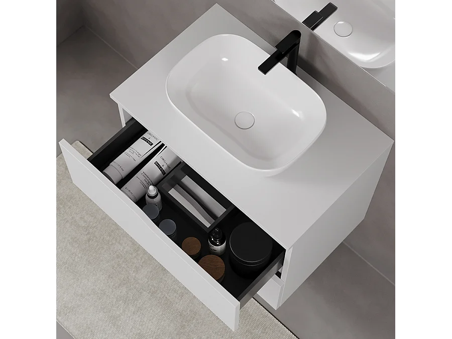 Meuble de salle de bain 70cm avec plateau et vasque à poser zeus - 2 tiroirs - sans miroir - blanc - LUNA
