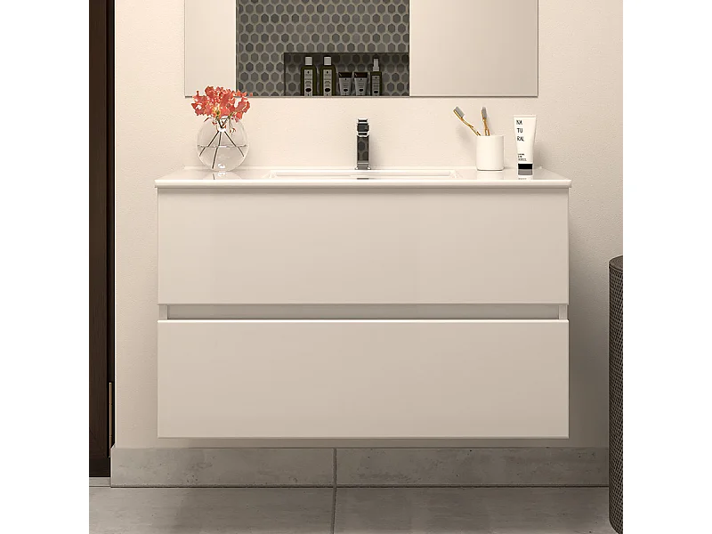 Meuble de salle de bain 80cm simple vasque - sans miroir - 2 tiroirs - blanc - IDA