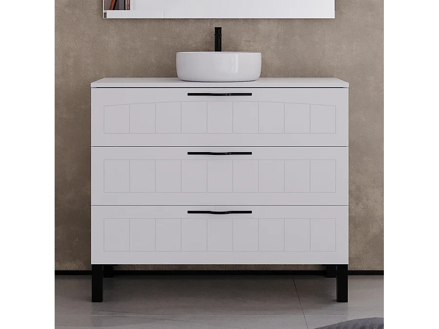 Meuble de salle de bain 100cm avec plateau et vasque à poser ronde - 3 tiroirs - blanc - CALA