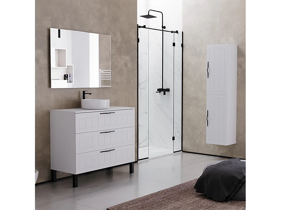 Meuble de salle de bain 100cm avec plateau et vasque à poser ronde - 3 tiroirs - blanc - CALA