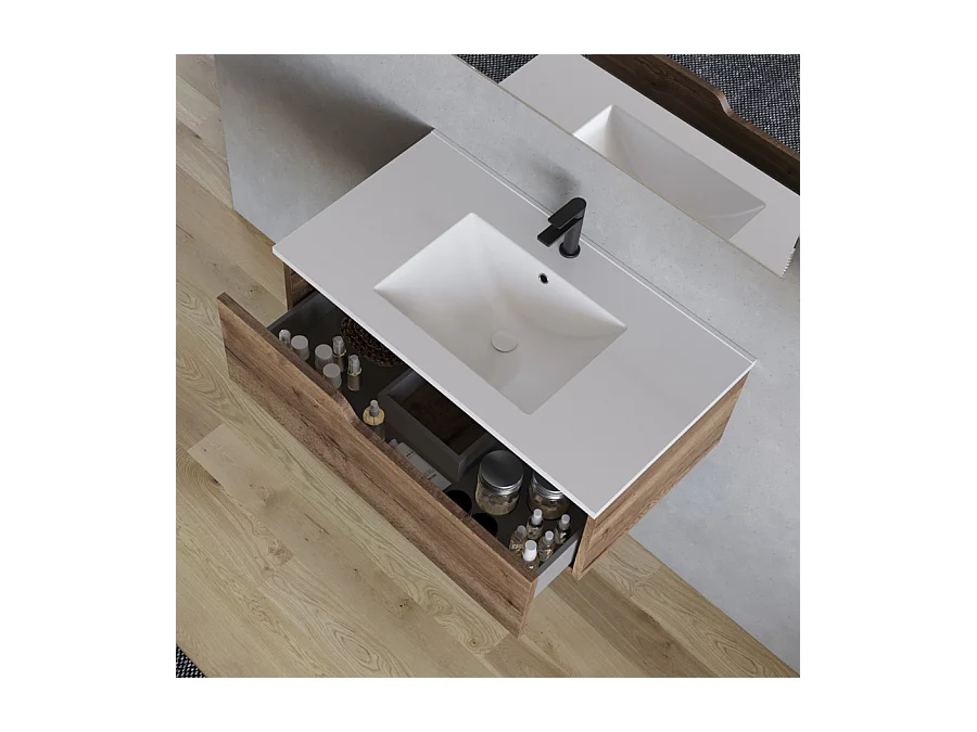 Meuble de salle de bain 80cm avec plan simple vasque - 1 tiroir - tabaco (bois foncé) - CADIX