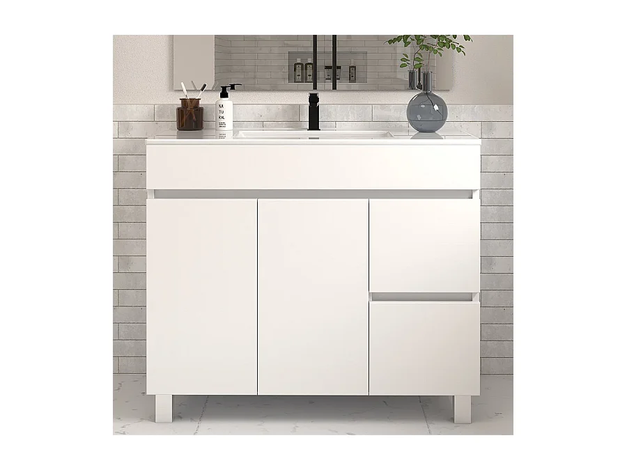 Meuble de salle de bain 100cm simple vasque sans miroir sur pieds avec portes et tiroirs - blanc - HARO
