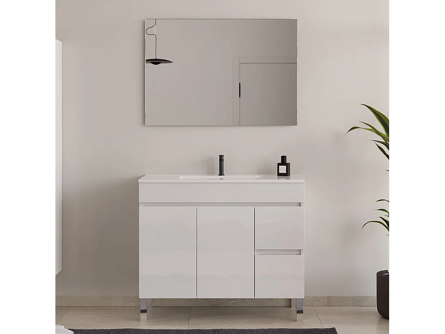 Meuble de salle de bain 100cm simple vasque sans miroir sur pieds avec portes et tiroirs - blanc - HARO