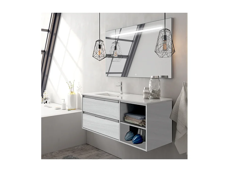 Meuble de salle de bain vasque déportée 2 tiroirs OLYMPE et miroir Led STAM - hibernian (bois blanchi) - 120cm