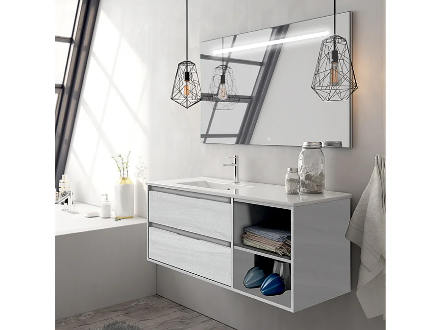 Meuble de salle de bain vasque déportée 2 tiroirs OLYMPE et miroir Led STAM - hibernian (bois blanchi) - 120cm