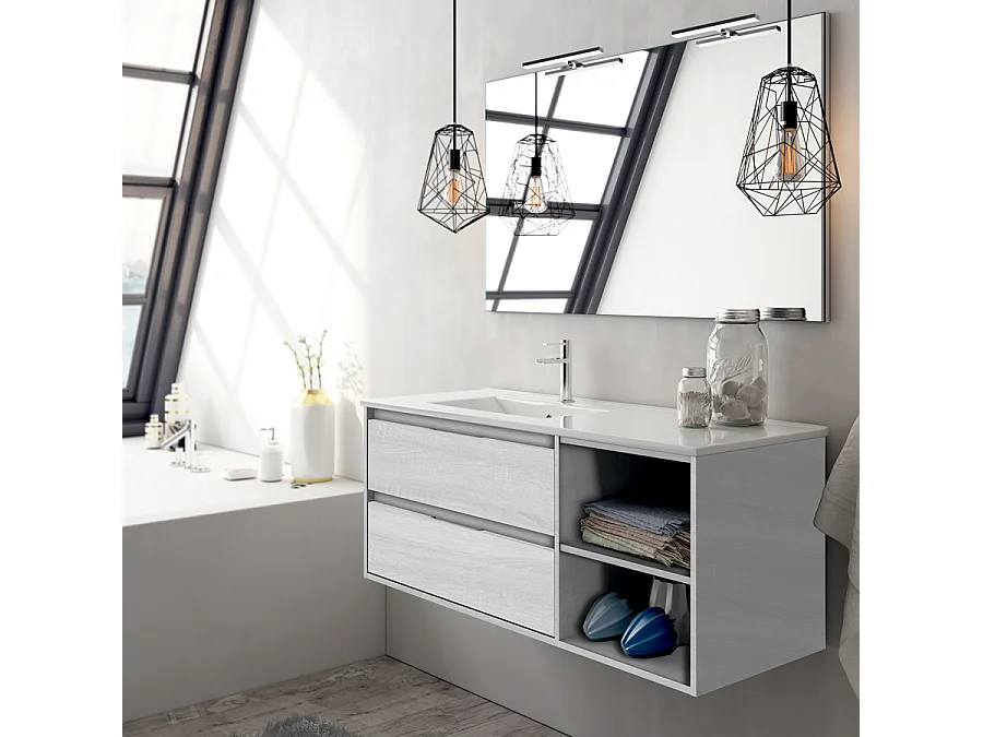Meuble de salle de bain vasque déportée 2 tiroirs OLYMPE et miroir Led STAM - hibernian (bois blanchi) - 120cm