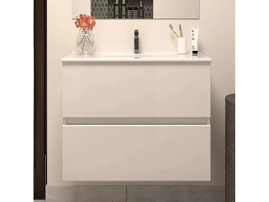 Meuble de salle de bain 60cm simple vasque - sans miroir - 2 tiroirs - blanc - IDA