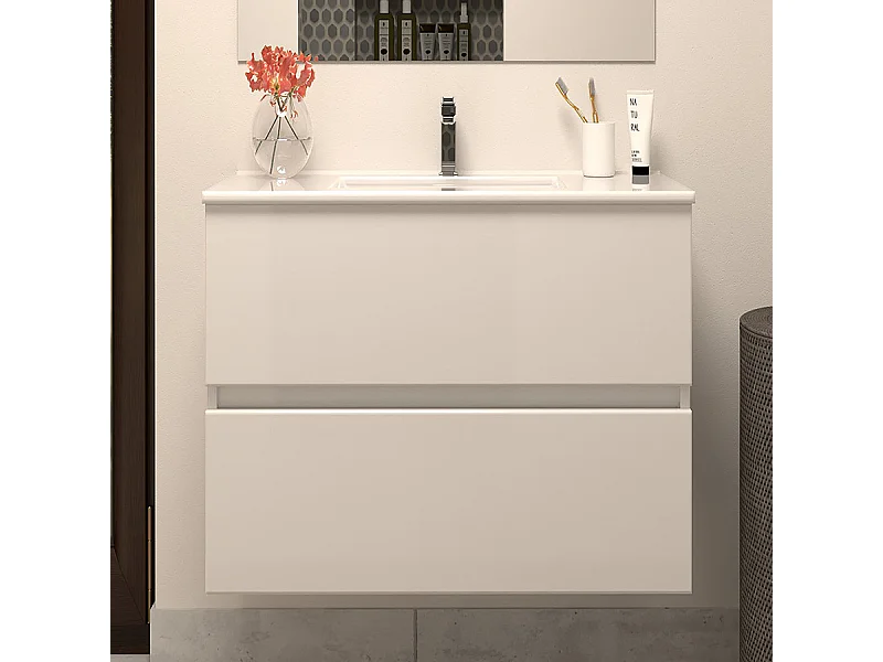 Meuble de salle de bain 60cm simple vasque - sans miroir - 2 tiroirs - blanc - IDA