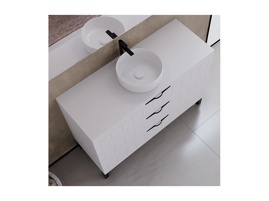 Meuble de salle de bain 120cm avec plateau et vasque à poser ronde - 3 tiroirs - sans miroir - blanc - CALA