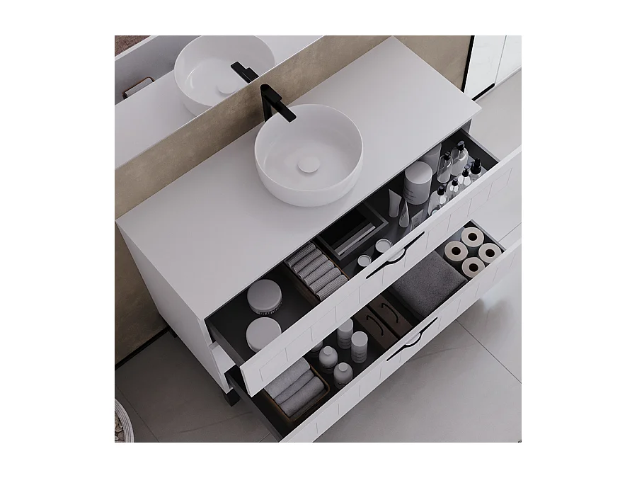 Meuble de salle de bain 120cm avec plateau et vasque à poser ronde - 3 tiroirs - sans miroir - blanc - CALA