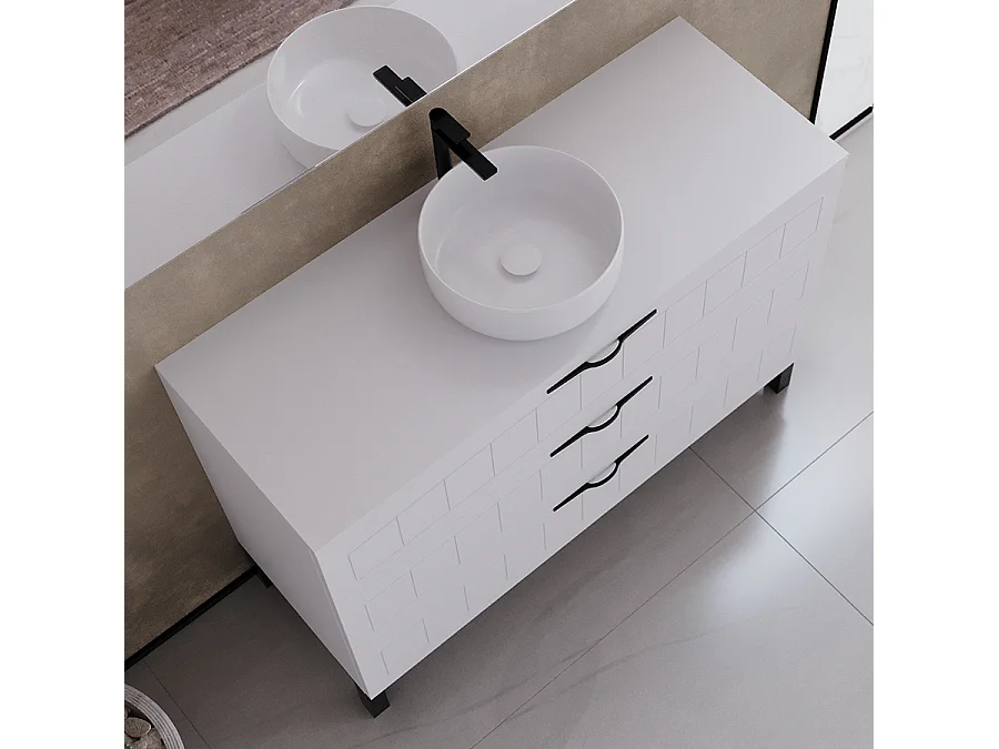 Meuble de salle de bain 120cm avec plateau et vasque à poser ronde - 3 tiroirs - sans miroir - blanc - CALA