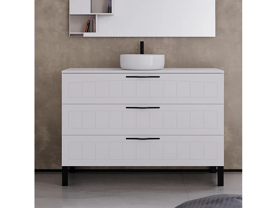 Meuble de salle de bain 120cm avec plateau et vasque à poser ronde - 3 tiroirs - sans miroir - blanc - CALA