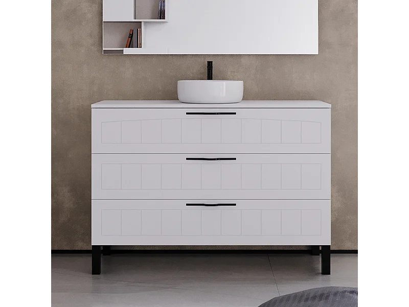 Meuble de salle de bain 120cm avec plateau et vasque à poser ronde - 3 tiroirs - sans miroir - blanc - CALA