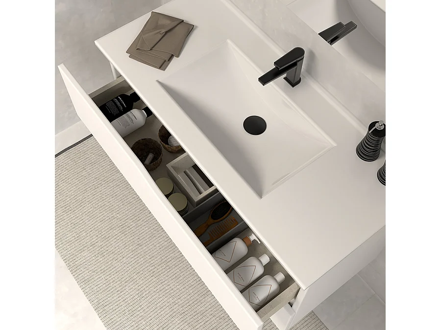 Meuble de salle de bain 90cm simple vasque - 2 tiroirs - sans miroir - blanc - LUNA