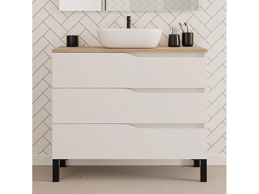 Meuble de salle de bain 100cm avec plateau miel et vasque à poser zeus - 3 tiroirs - sans miroir - blanc - MATA