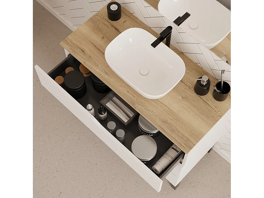 Meuble de salle de bain 100cm avec plateau miel et vasque à poser zeus - 3 tiroirs - sans miroir - blanc - MATA