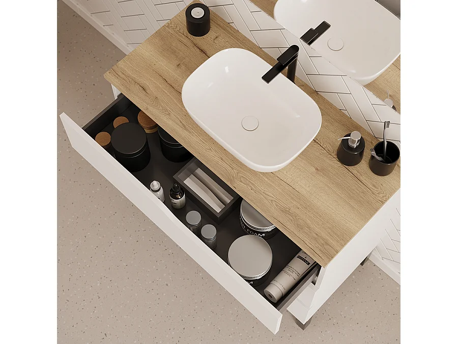 Meuble de salle de bain 100cm avec plateau miel et vasque à poser zeus - 3 tiroirs - sans miroir - blanc - MATA
