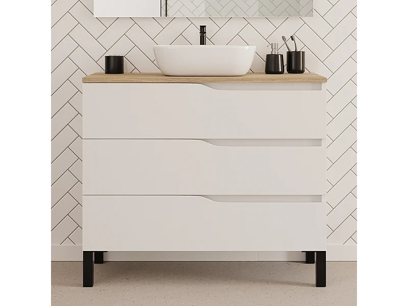 Meuble de salle de bain 100cm avec plateau miel et vasque à poser zeus - 3 tiroirs - sans miroir - blanc - MATA