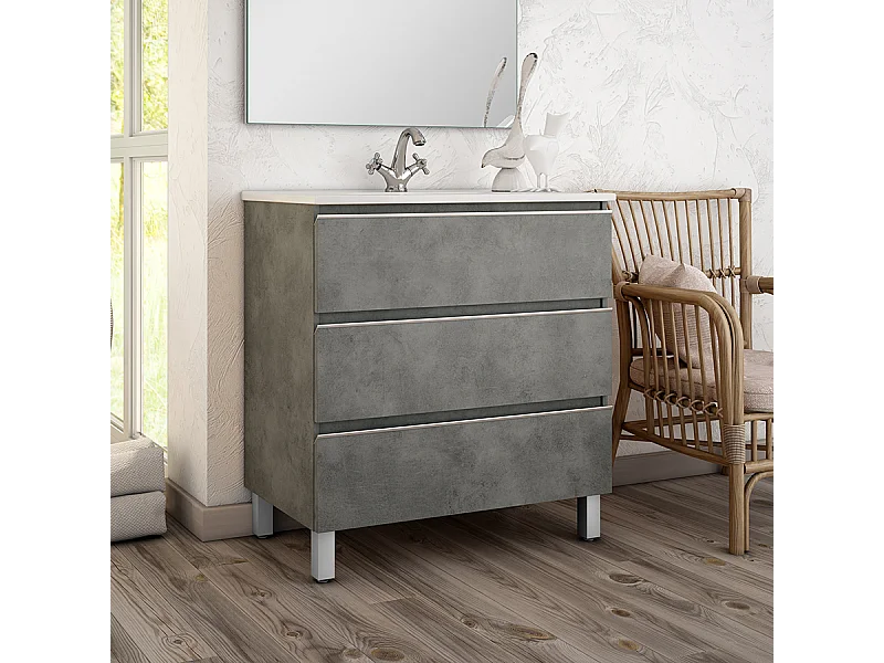 Meuble de salle de bain 70cm simple vasque - 3 tiroirs - sans miroir - PALMA - ciment (gris)