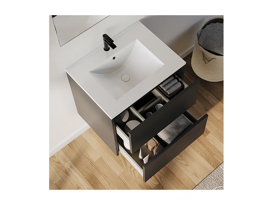 Meuble de salle de bain 60cm avec simple vasque - 2 tiroirs - sans miroir - noir - MONA