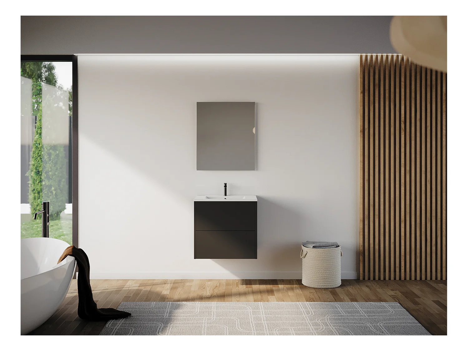 Meuble de salle de bain 60cm avec simple vasque - 2 tiroirs - sans miroir - noir - MONA