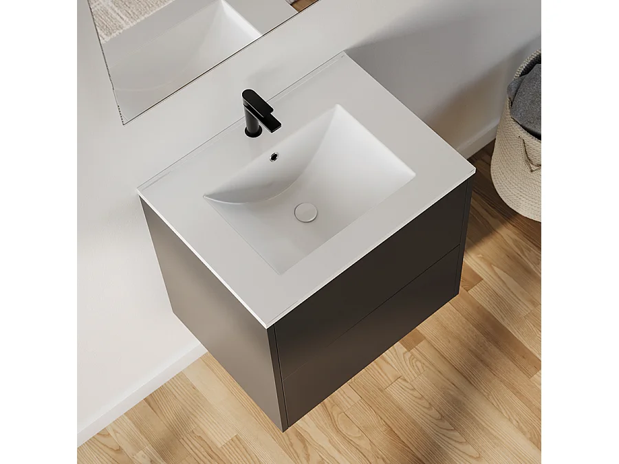 Meuble de salle de bain 60cm avec simple vasque - 2 tiroirs - sans miroir - noir - MONA