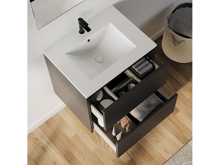 Meuble de salle de bain 60cm avec simple vasque - 2 tiroirs - sans miroir - noir - MONA