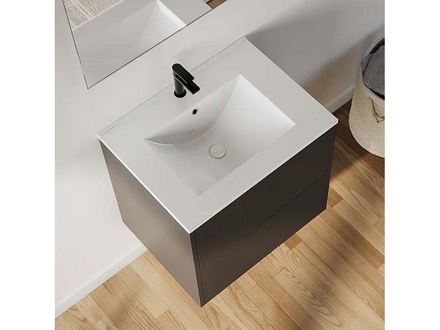 Meuble de salle de bain 60cm avec simple vasque - 2 tiroirs - sans miroir - noir - MONA