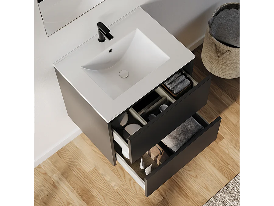 Meuble de salle de bain 60cm avec simple vasque - 2 tiroirs - sans miroir - noir - MONA