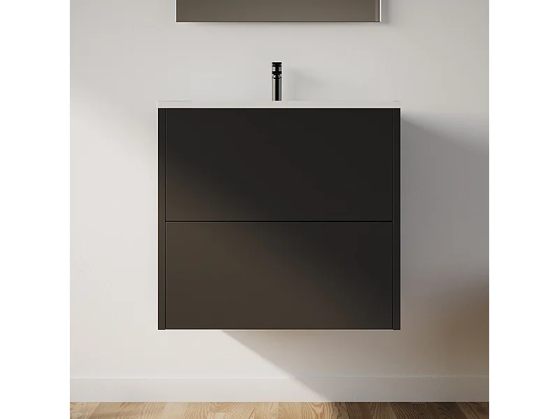 Meuble de salle de bain 60cm avec simple vasque - 2 tiroirs - sans miroir - noir - MONA