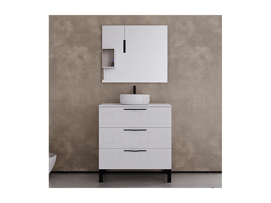Meuble de salle de bain 80cm avec plateau et vasque à poser ronde - 3 tiroirs - blanc - CALA