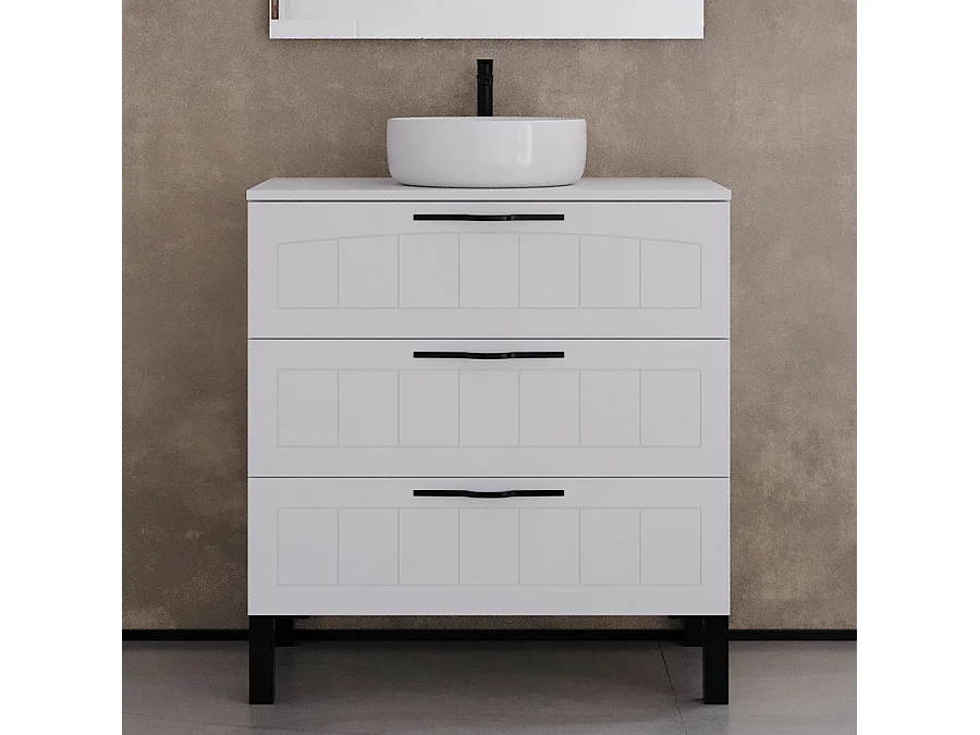 Meuble de salle de bain 80cm avec plateau et vasque à poser ronde - 3 tiroirs - blanc - CALA