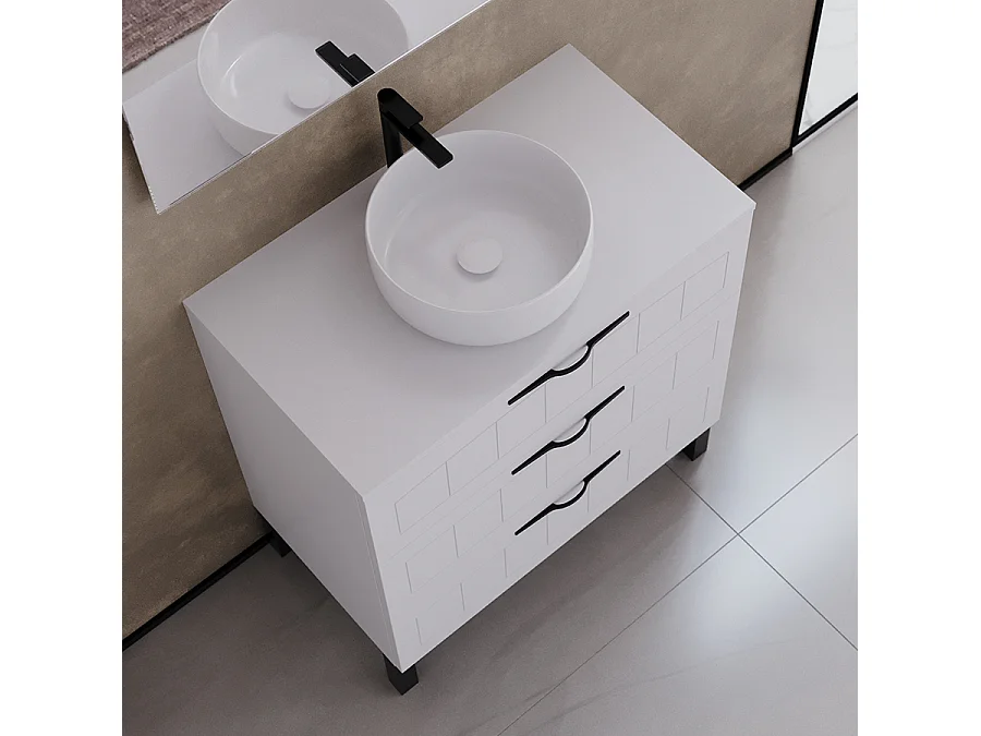 Meuble de salle de bain 80cm avec plateau et vasque à poser ronde - 3 tiroirs - blanc - CALA