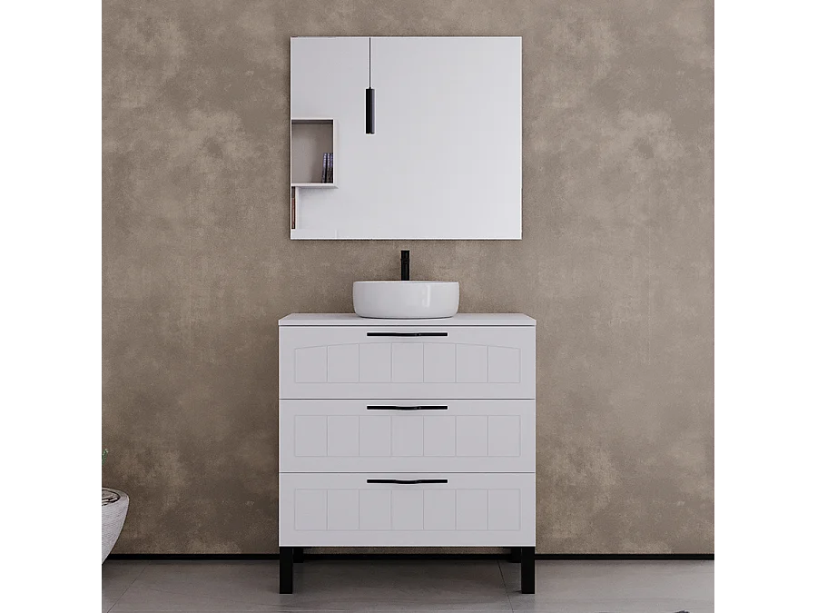 Meuble de salle de bain 80cm avec plateau et vasque à poser ronde - 3 tiroirs - blanc - CALA
