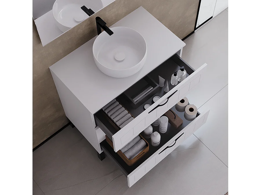 Meuble de salle de bain 80cm avec plateau et vasque à poser ronde - 3 tiroirs - blanc - CALA