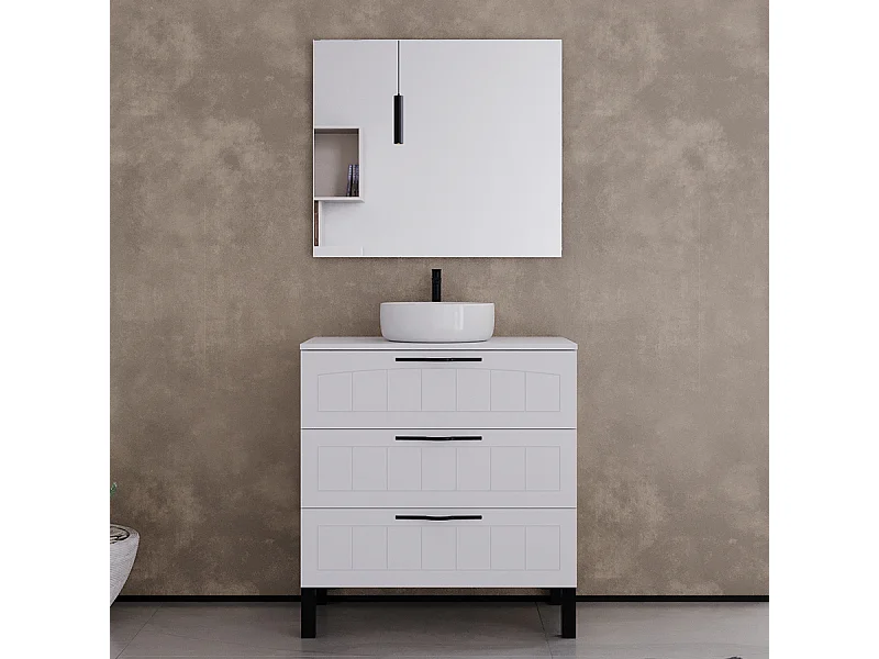 Meuble de salle de bain 80cm avec plateau et vasque à poser ronde - 3 tiroirs - blanc - CALA