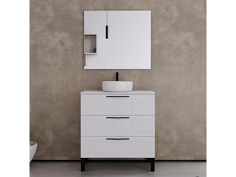 Meuble de salle de bain 80cm avec plateau et vasque à poser ronde - 3 tiroirs - blanc - CALA