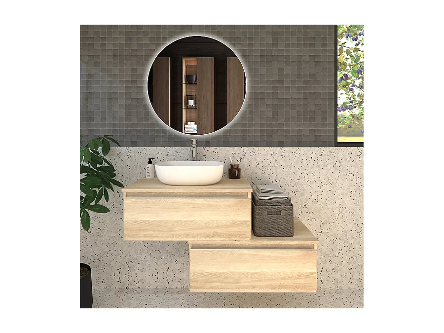 Meuble de salle de bain 2 tiroirs avec vasque à poser arrondie PENA et miroir Led SOLEN - Bambou (chêne clair) - 120cm