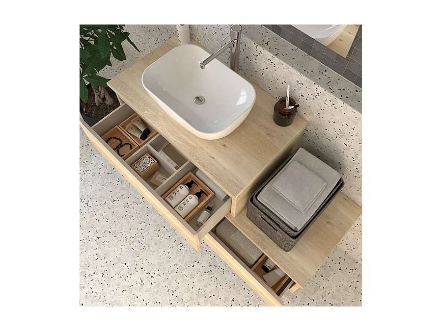 Meuble de salle de bain 2 tiroirs avec vasque à poser arrondie PENA et miroir Led SOLEN - Bambou (chêne clair) - 120cm