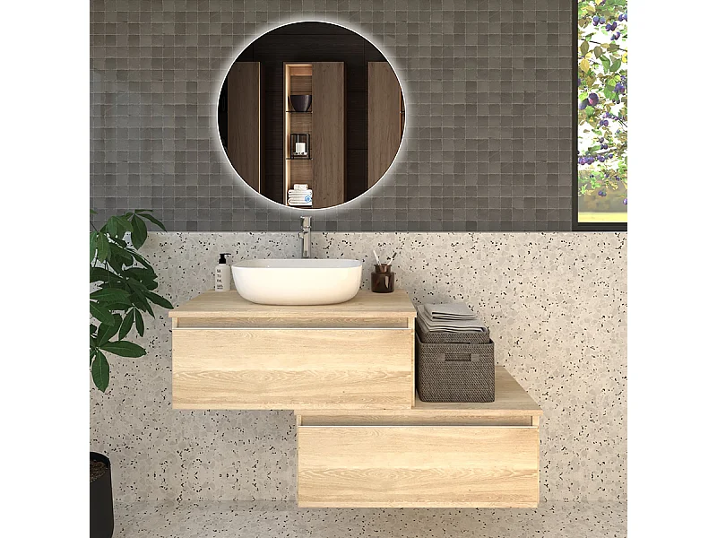 Meuble de salle de bain 2 tiroirs avec vasque à poser arrondie PENA et miroir Led SOLEN - Bambou (chêne clair) - 120cm