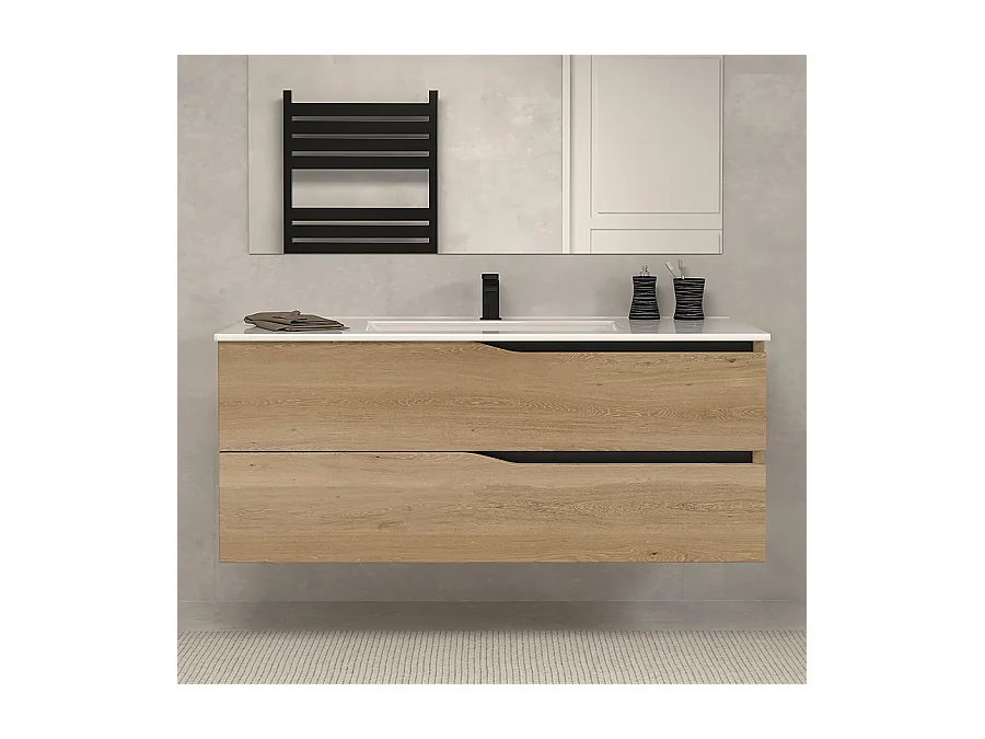 Meuble de salle de bain 120cm simple vasque - 2 tiroirs - madera miel (bois clair) - LUNA