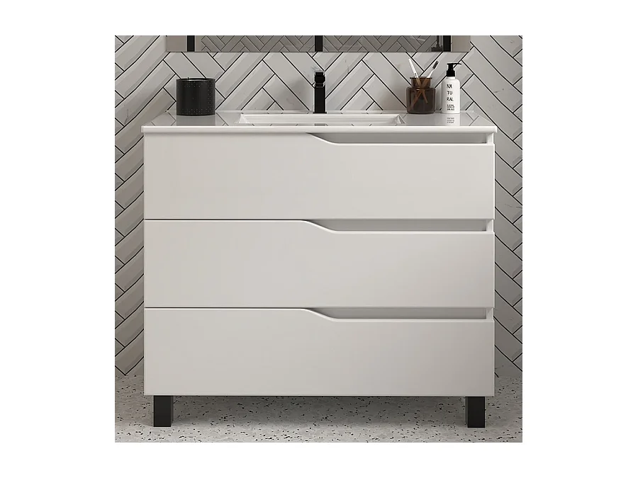 Meuble de salle de bain 80cm simple vasque - sans miroir - 3 tiroirs - blanc - MATA