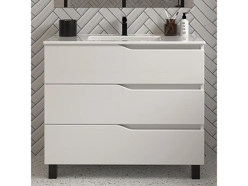 Meuble de salle de bain 80cm simple vasque - sans miroir - 3 tiroirs - blanc - MATA