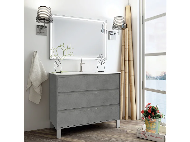 Meuble de salle de bain simple vasque - 3 tiroirs - TIRIS 3C et miroir Led STAM - ciment (gris) - 80cm