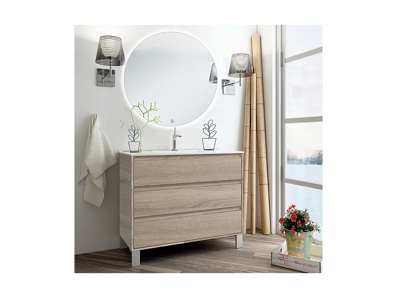 Meuble de salle de bain simple vasque - 3 tiroirs - TIRIS 3C et miroir rond Led SOLEN - cambrian (chêne) - 80cm
