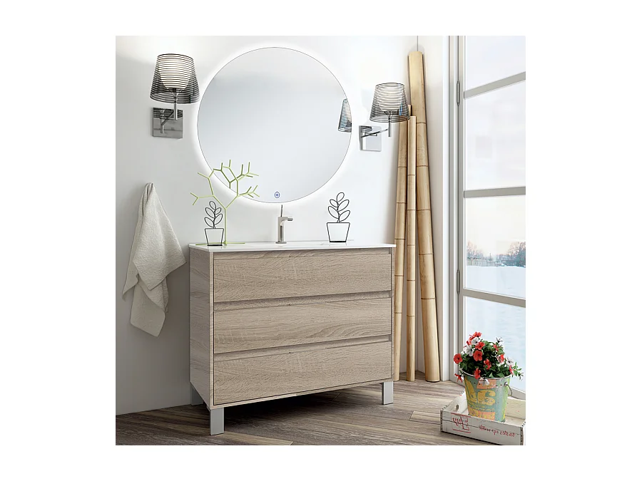 Meuble de salle de bain simple vasque - 3 tiroirs - TIRIS 3C et miroir rond Led SOLEN - cambrian (chêne) - 80cm