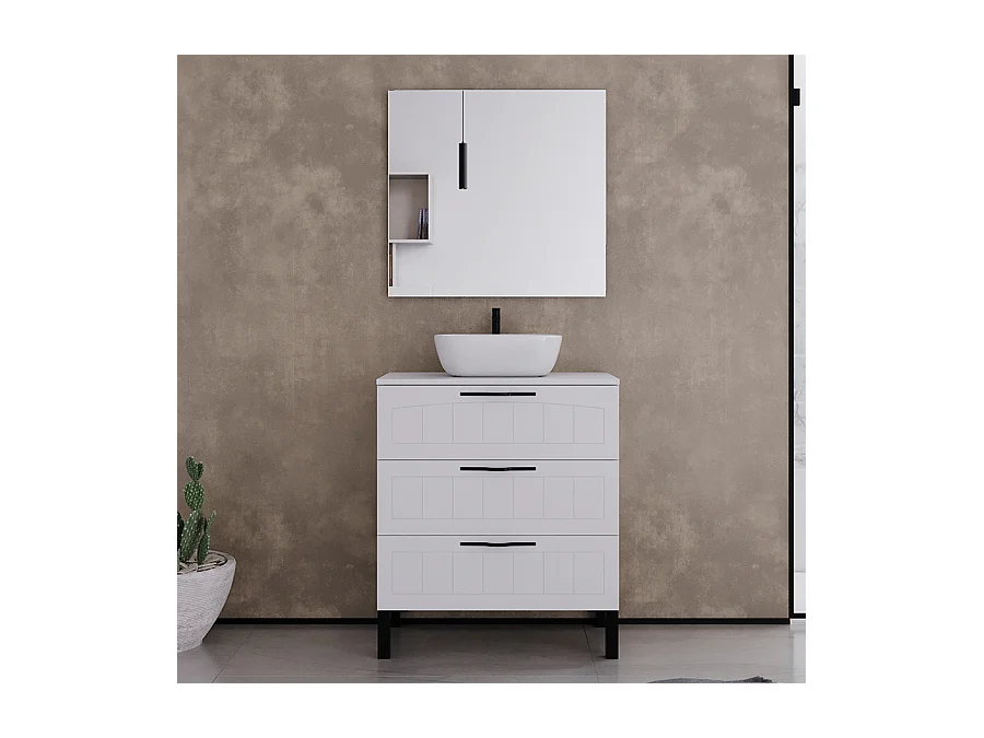 Meuble de salle de bain 60cm avec plateau et vasque à poser ovale - 3 tiroirs - blanc - CALA