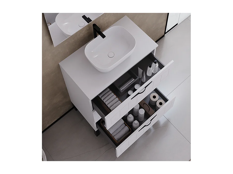 Meuble de salle de bain 60cm avec plateau et vasque à poser ovale - 3 tiroirs - blanc - CALA