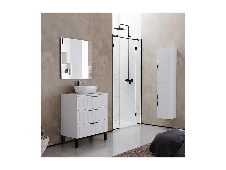 Meuble de salle de bain 60cm avec plateau et vasque à poser ovale - 3 tiroirs - blanc - CALA